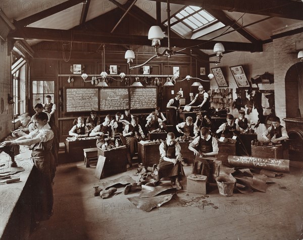 Boys making shoes at the Anerley Residential School for Elder Deaf Boys, Penge, 1908. Artist: Unknown.