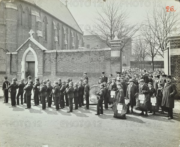 Boys emigrating to Canada setting off from Saint Nicholas Industrial School, Essex, 1908. Artist: Unknown.