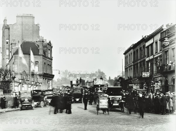 Busy street by Stamford Bridge Stadium, (Chelsea Football Ground), Fulham, London, 1912. Artist: Unknown.