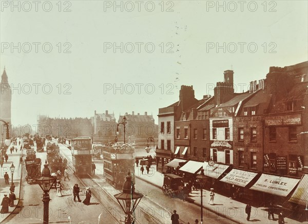 Double-decker electric trams on Westminster Bridge, London, 1906. Artist: Unknown.