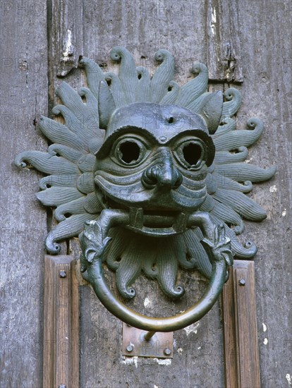 Door knocker in the shape of a mask, sanctuary of Durham Cathedral, County Durham