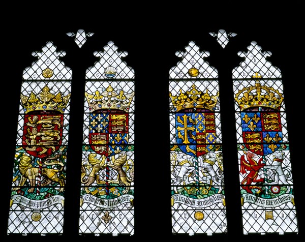 Detail of stained glass in the Great Hall of Eltham Palace, Greenwich, London