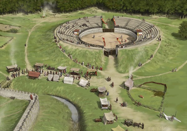Spectators arrive at Silchester Roman City Amphitheatre c250 AD, (c1990-2010)