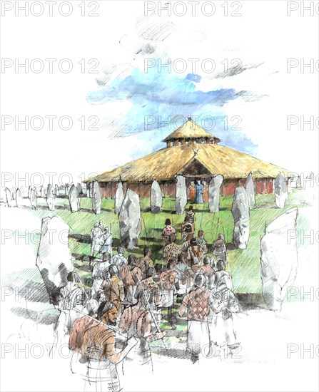 Ceremonial procession Avebury Stone Circle shrine, Wiltshire, 3rd Millennium BC, (c1990-2010)