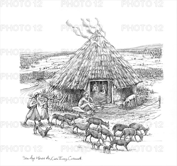 Farmers and a herd of goats outside Iron Age Roundhouse, (c1990-2010) Artist