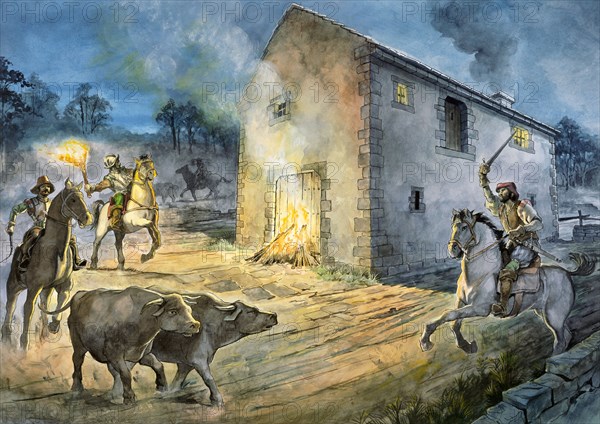 Reivers raiding Birdoswald, 16th century, (c1990-2010)