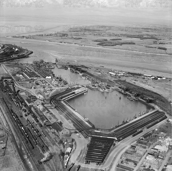 Fish Dock and Wyre Dock, Fleetwood, Lancashire, from the south-west, 1949