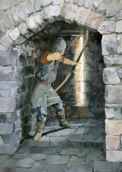 Medieval archer firing through an arrow slit at Beeston Castle, Cheshire