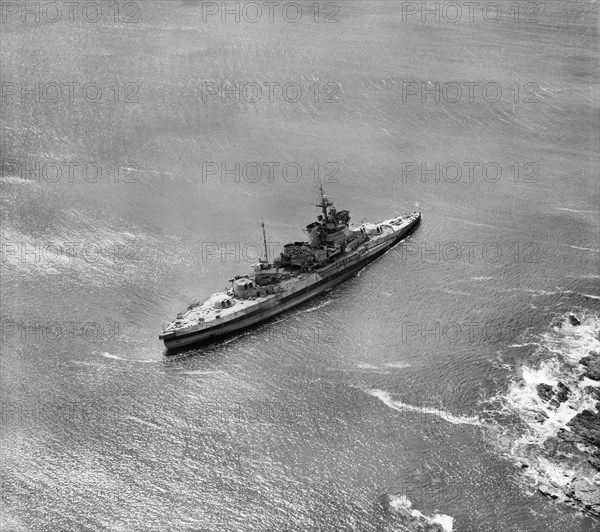 HMS 'Warspite' aground in Prussia Cove, Cornwall, 1947