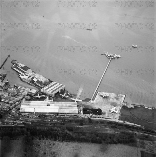 BOAC flying boat maintenance base and pier, Hythe, Hampshire, 1948 Artist
