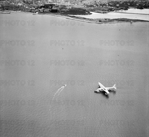 Short S26 flying boat 'Golden Hind' (G-AFCI) at anchor in Poole Harbour, Dorset, 1946