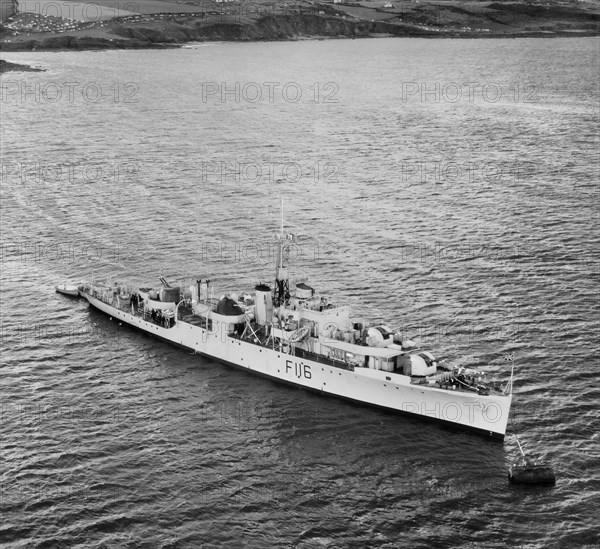 HMS 'Amethyst' (F116) moored off the Plymouth Breakwater, Plymouth, Devon, 1950