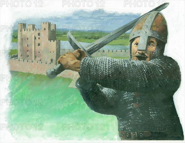 A Norman soldier attacking with a 'hand-and-a-half', a two-handed broadsword, 1990s