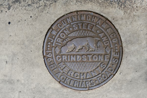 Coal hole plate made by JW Cunningham & Co, Lower Marsh, Lambeth, London, 2010