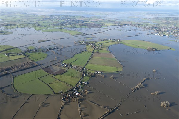 Aerial view of flooding around Muchelney Abbey, Somerset Levels, January, 2014