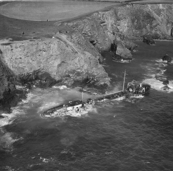 Wreck of the tanker 'Hemsley I' at Fox Cove, St Merryn, Cornwall, September 1969