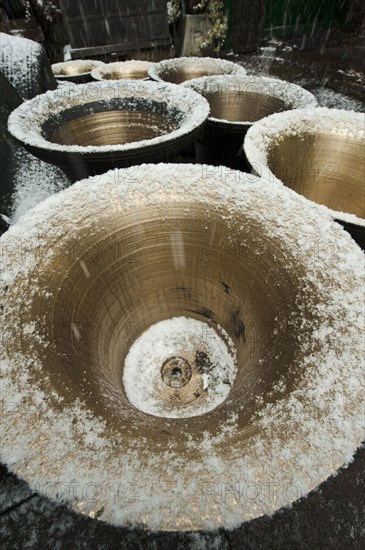 Snow on bells in the courtyard, Whitechapel Bell Foundry, Tower Hamlets, London, 2010