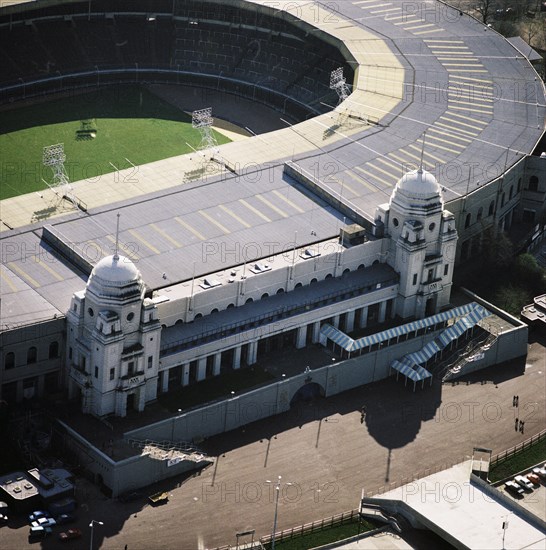 The twin towers of the Wembley Stadium, London, 1978