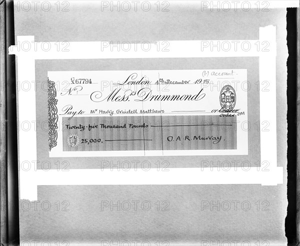 Cheque for £25,000 made payable to British inventor Harry Grindell Matthews, 1915