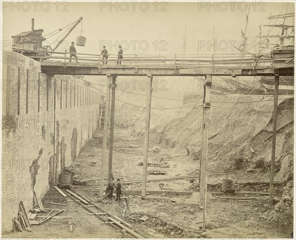 Construction of the expanded Limehouse Basin, London, May 1869