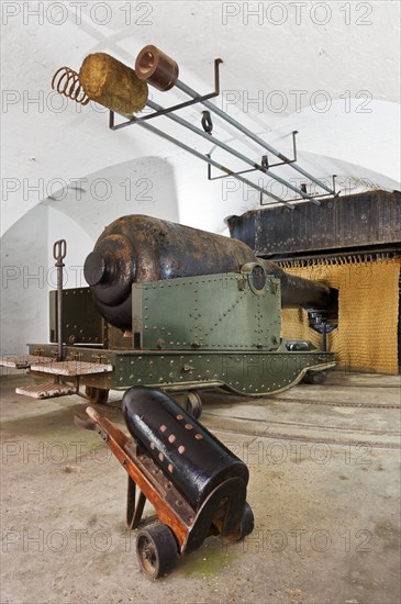 Interior of casement with massive 38 ton gun and equipment, Hurst Castle, Hampshire, 2012