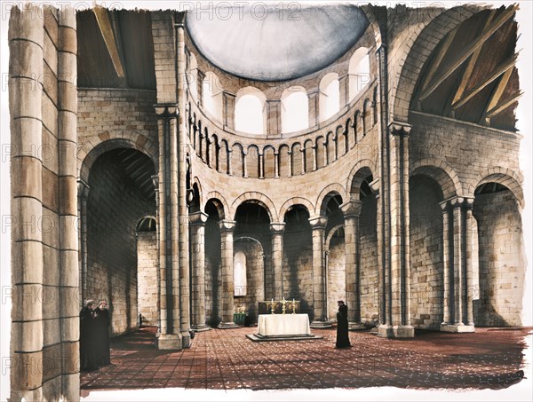 Interior of Battle Abbey church, Sussex, in the 12th century (c1980-c2008)