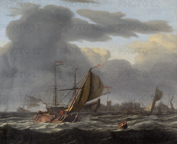 A Warship at Anchor in a Rough Sea', c1660-c1708