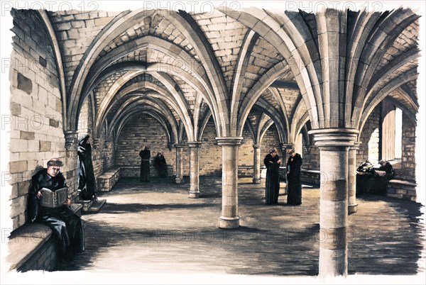 Monks in the common room of Battle Abbey, East Sussex, 12th century (c1990-c2010)