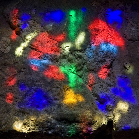 Patterns of colour and light from a stained glass window, Dover Castle, Kent, c2009