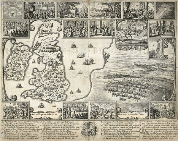 Map of the British Isles and illustrations of 17th century historical events, c1659