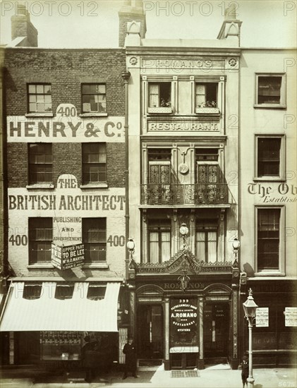 Exterior of Romano's Restaurant and adjoining buildings Strand, Westminster, London, 1885