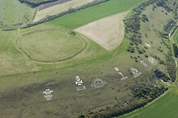 Chalk military badges and Chisenbury Camp univallate hillfort, Fovant Down, Wiltshire, 2015