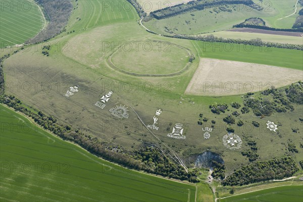 Chalk military badges and Chisenbury Camp univallate hillfort, Fovant Down, Wiltshire, 2015