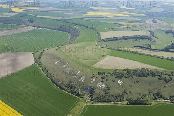 Chalk military badges and Chisenbury Camp univallate hillfort, Fovant Down, Wiltshire, 2015