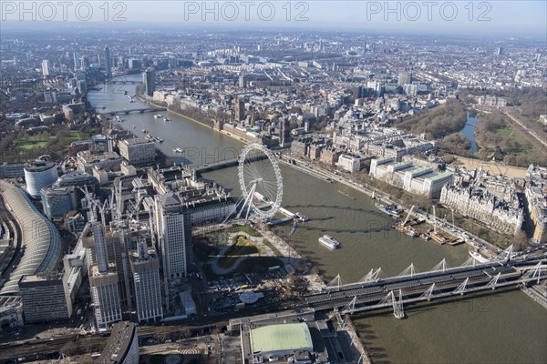 View south-west along the River Thames towards Westminster, London, 2018