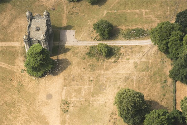 Crop marks revealing the buried foundations of Tixall Hall, Staffordshire, 2018