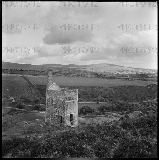 Derelict mine engine house within a rural landscape, Cornwall, 1967-1970