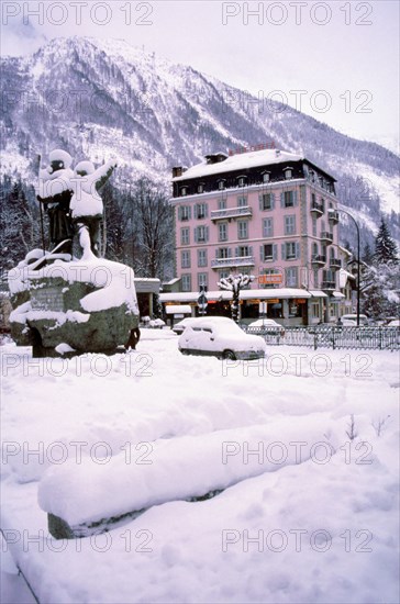 Deep snow in Alpine village. Artist: Unknown.