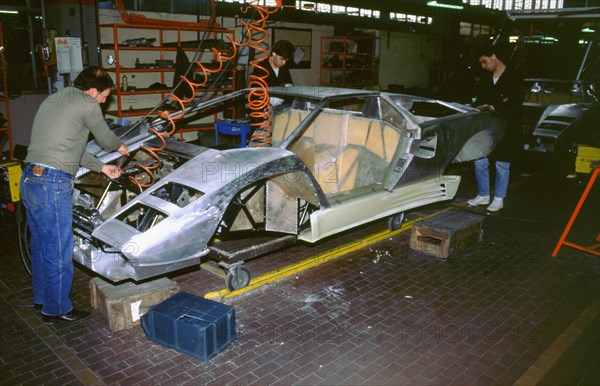 Lamborghini factory 1988.Countach under construction. Artist: Unknown.