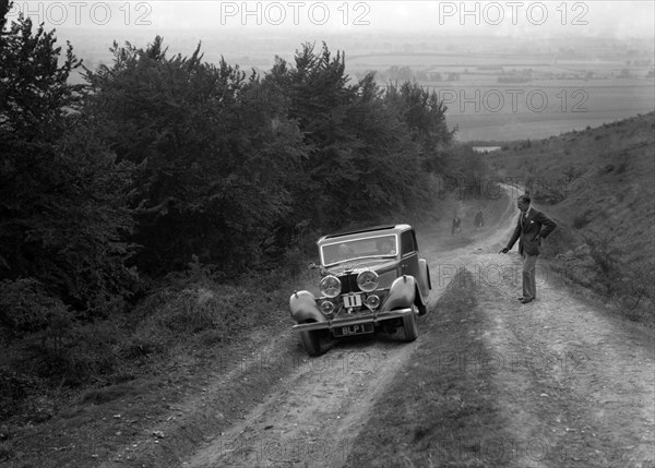 1934 Talbot 110 3377 cc competing in a Talbot CC trial. Artist: Bill Brunell.