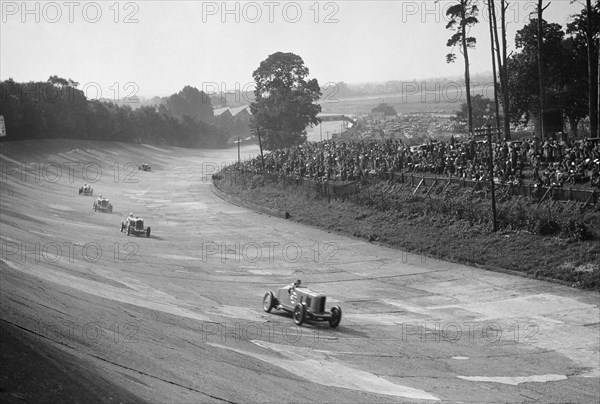 Talbot 90 on the banking at Brooklands, 1930s. Artist: Bill Brunell.