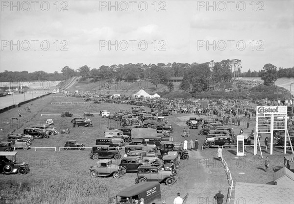 Car park at Brooklands motor racing circuit. Artist: Bill Brunell.