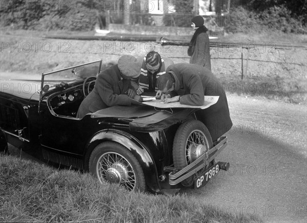 Wolseley Hornet taking part in the Bugatti Owners Club car treasure hunt, 25 October 1931. Artist: Bill Brunell.