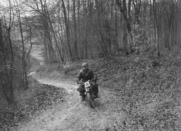 Motorcycle competing in the Inter-Varsity Trial, November 1931. Artist: Bill Brunell.