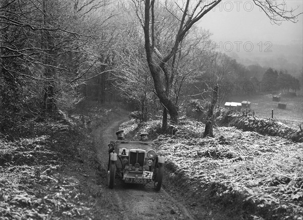 1936 MG PB taking part in a motoring trial, late 1930s. Artist: Bill Brunell.