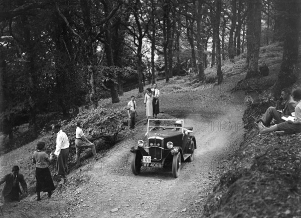 Morris Minor taking part in the B&HMC Brighton-Beer Trial, Fingle Bridge Hill, Devon, 1934. Artist: Bill Brunell.