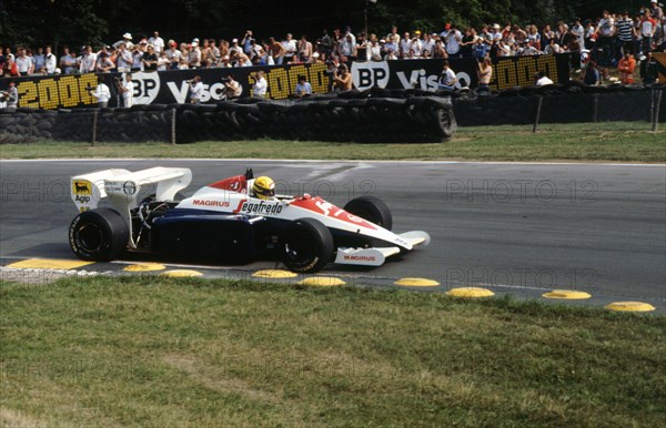 Ayrton Senna in the Toleman TG184 during 1984 British Grand Prix Brands Hatch Artist: Unknown.