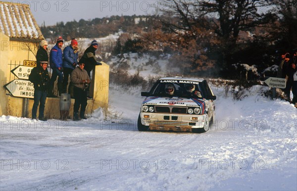 Juha Kankkunen in Lancia Delta HF during 1987 Monte Carlo Rally. He finished 2nd overall Artist: Unknown.