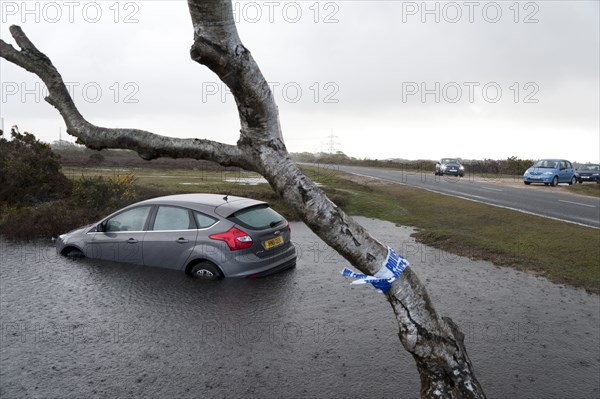 Ford Focus in flooded ditch after losing control on wet road 2012 Artist: Unknown.