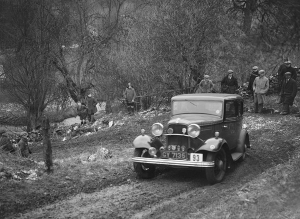 Ford Model B of K Hutchison competing in the Sunbac Colmore Trial, Gloucestershire, 1933. Artist: Bill Brunell.